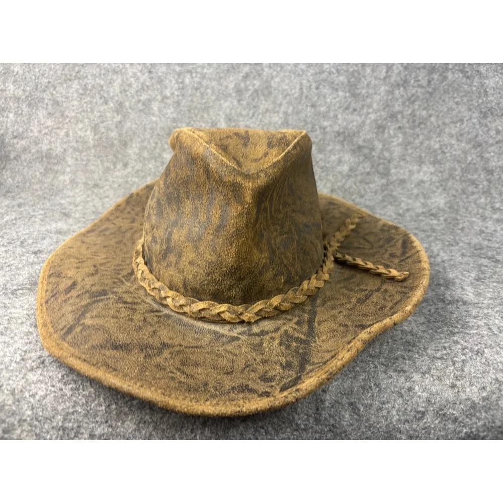 Hatquarters USA Cowboy Hat Mens Small Brown Leather Braided Band Feather Accent